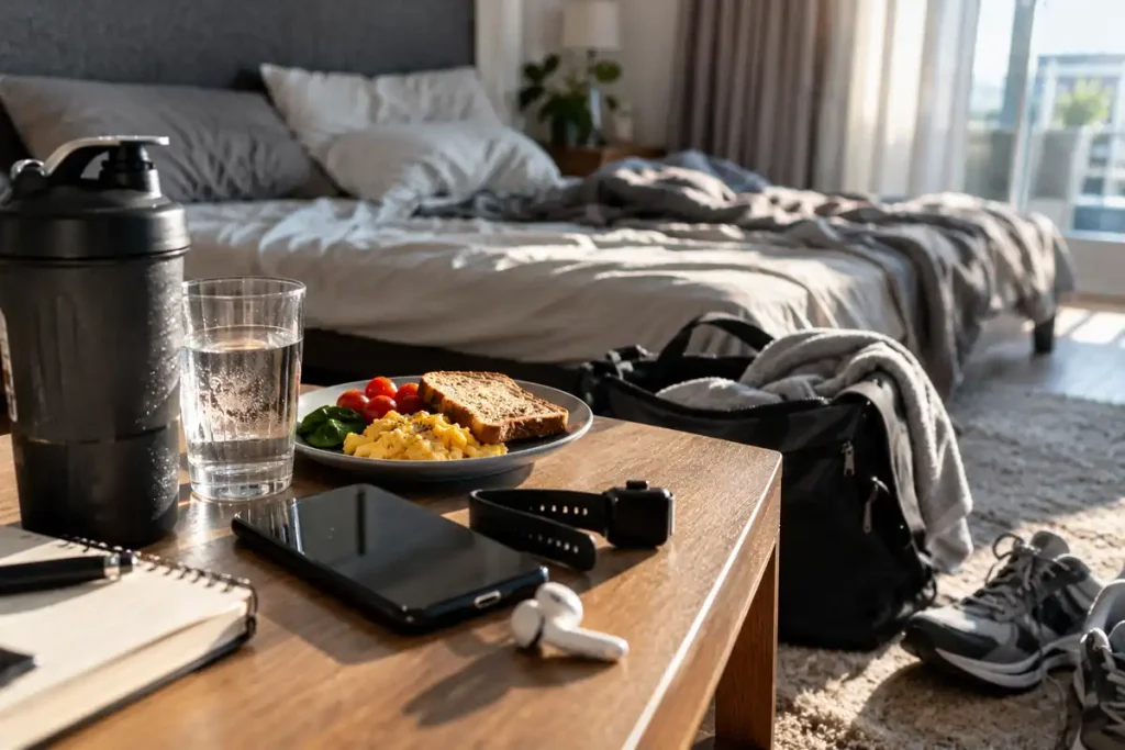 A sunlit bedroom with a bedside table holding a healthy breakfast, water, a fitness tracker, a phone, and a shaker bottle, with running shoes and a gym bag nearby.