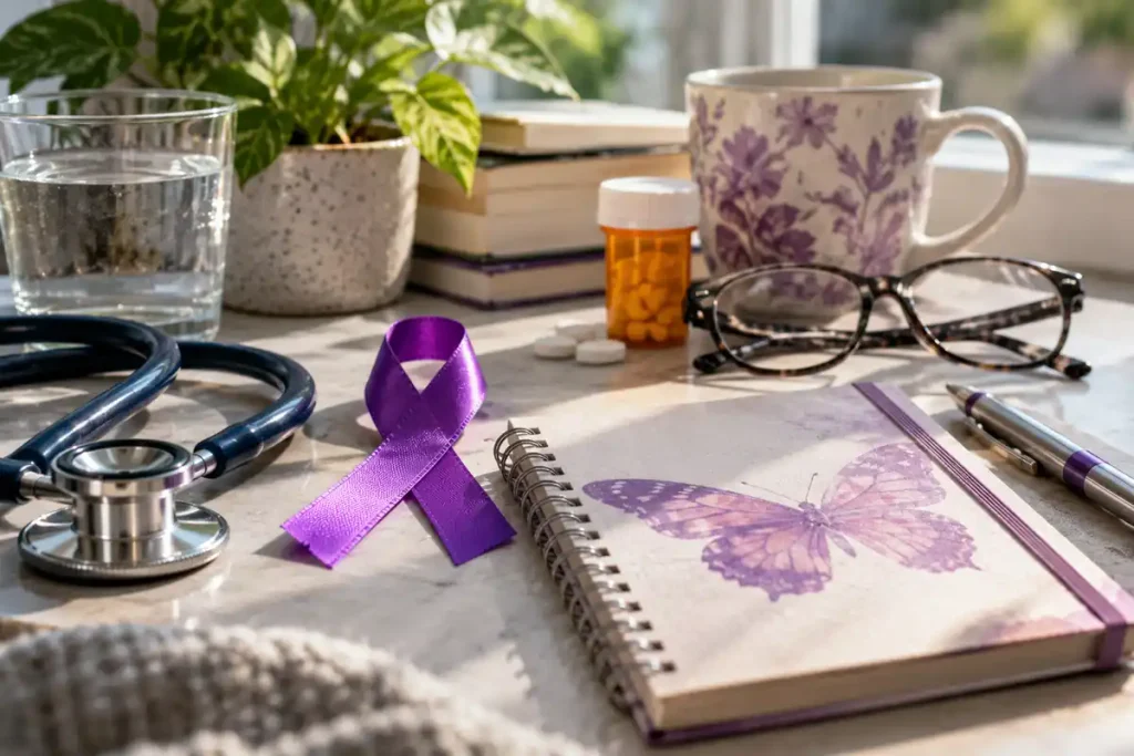 Lupus awareness still life with a purple ribbon, stethoscope, butterfly notebook, medication bottle, and water glass on a sunlit desk.