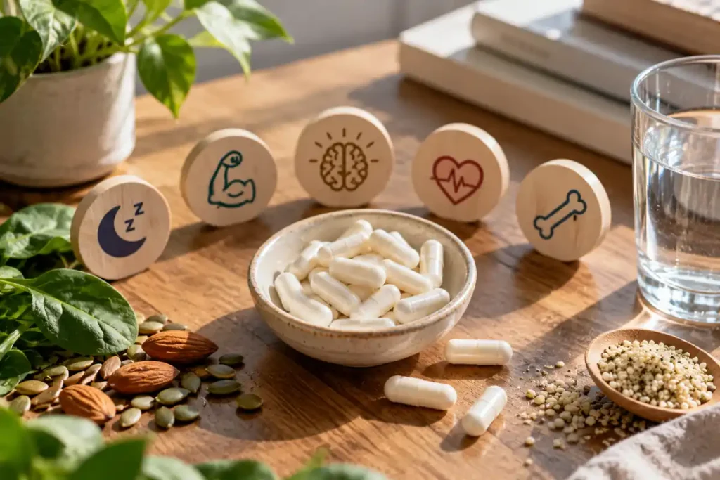 Magnesium glycinate capsules with magnesium-rich foods, water, and wellness icons representing sleep, muscles, heart, brain, and bone health.