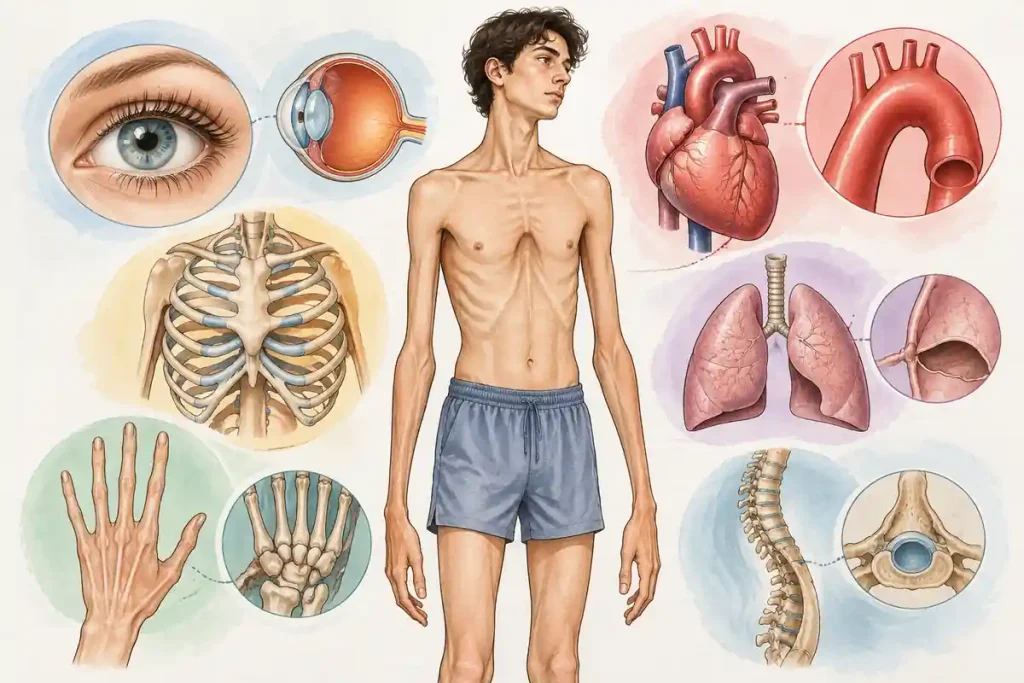 Medical illustration showing Marfan syndrome features affecting the eyes, heart, aorta, lungs, chest, hands, and spine