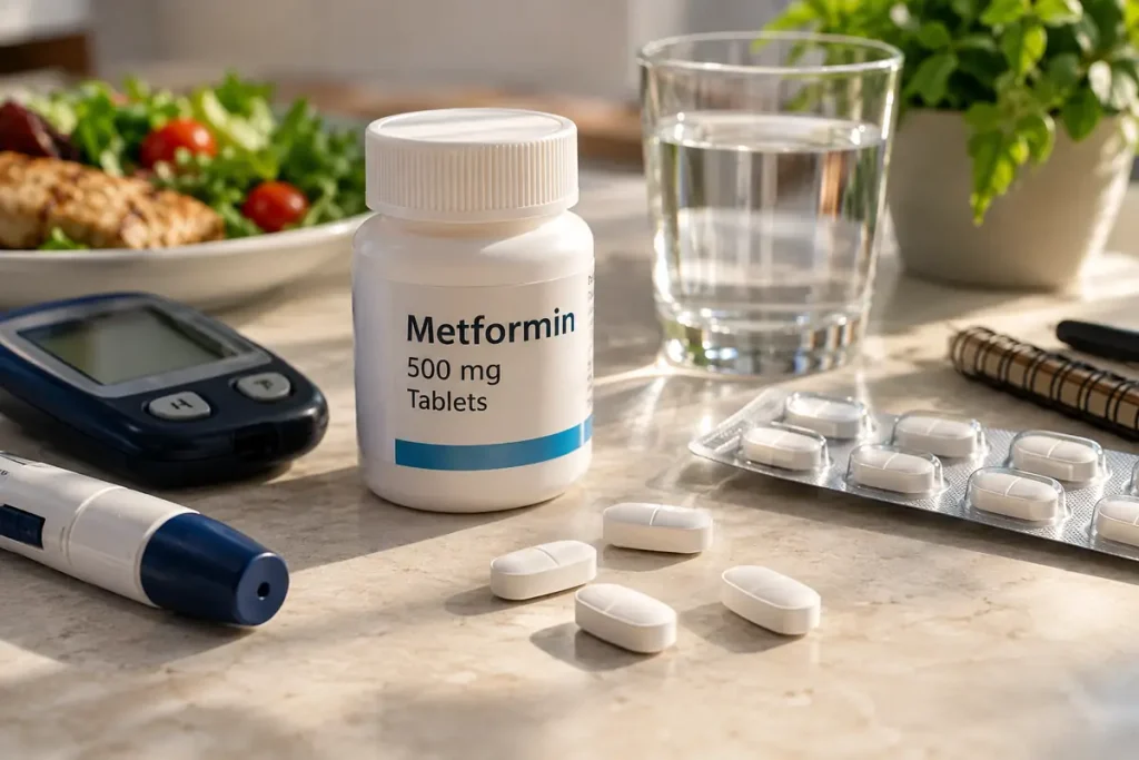 Metformin tablets, prescription bottle, blood glucose meter, and healthy meal on a kitchen counter