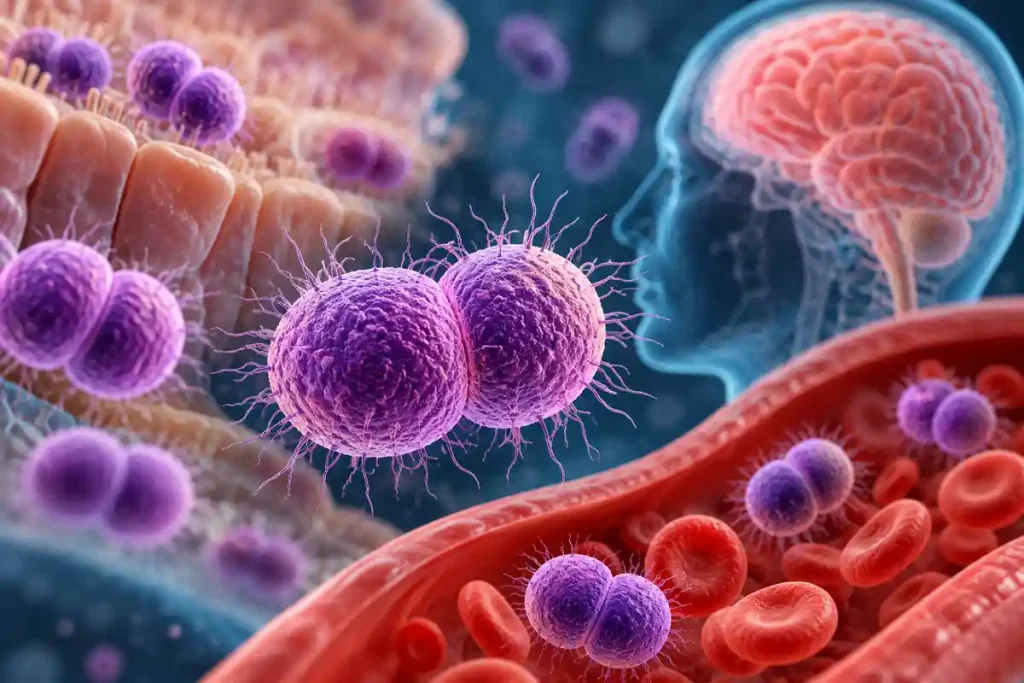 Medical illustration showing Neisseria meningitidis bacteria near the throat, bloodstream, and brain