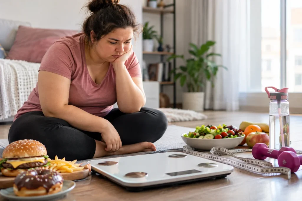 Woman reflecting on weight management at home with a bathroom scale, measuring tape, healthy food, and exercise equipment nearby.
