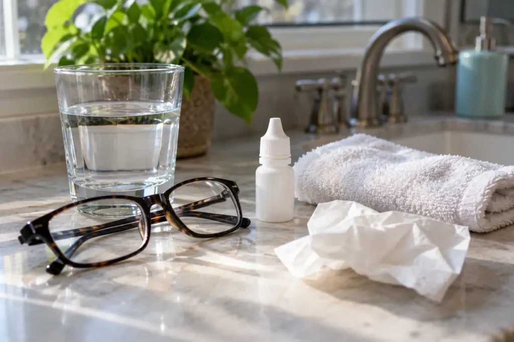 Eye drops, eyeglasses, tissues, and a clean towel on a bathroom counter in a bright home setting.