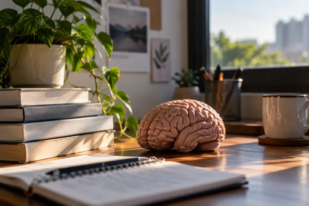Realistic anatomical brain model on a desk with books, a notebook, and a plant in a softly lit room, representing mental health and psychosis awareness.