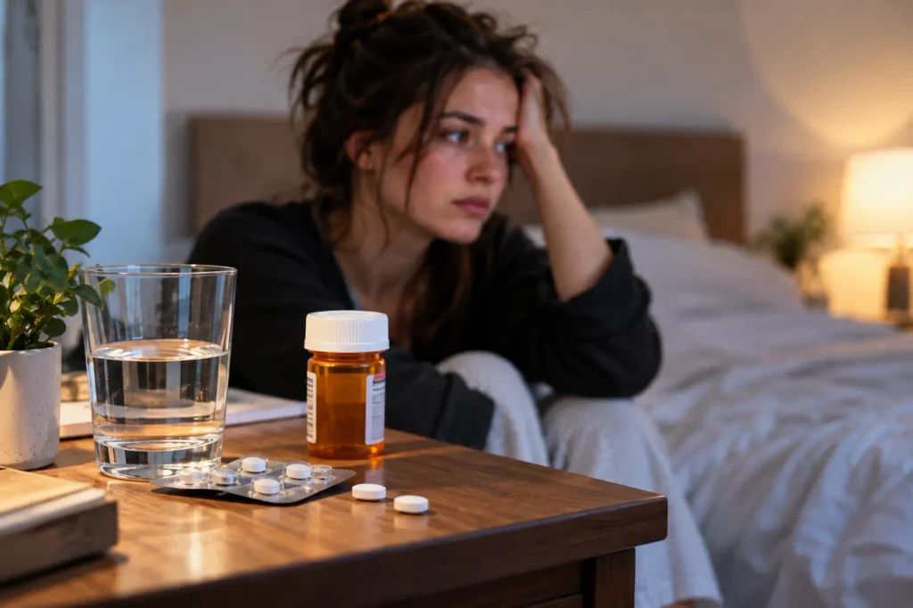 A woman sitting on her bed near a bedside table with quetiapine medication, water, and tablets, representing medication use and sleep-related concerns.