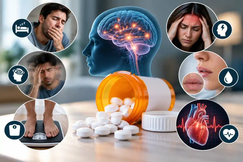 Medical illustration showing quetiapine medication alongside visual representations of common side effects, including drowsiness, dizziness, headache, dry mouth, weight changes, and heart rhythm concerns.
