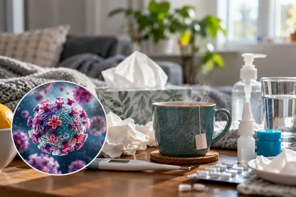 Home cold-care essentials, including tissues, warm tea, a thermometer, nasal spray, and medicine, alongside a conceptual rhinovirus illustration.