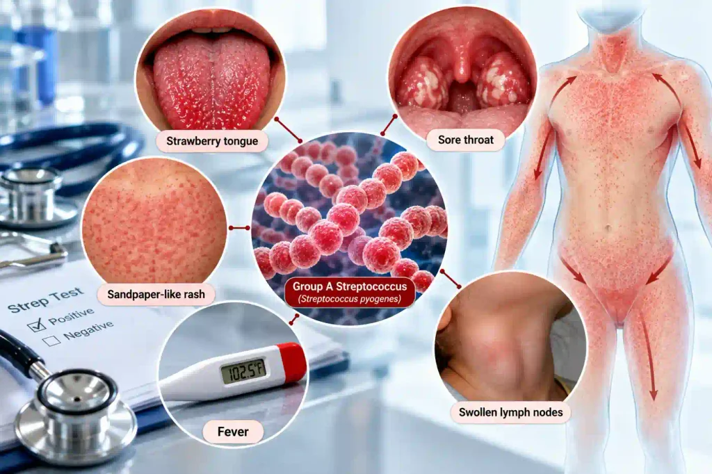 Medical infographic illustrating scarlet fever with Group A Streptococcus, sandpaper-like rash, strawberry tongue, sore throat, fever, and swollen lymph nodes.