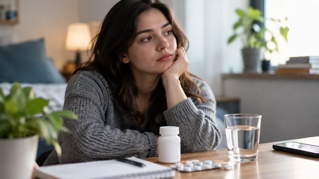 Woman sitting at home with a medication bottle, tablets, glass of water, and notebook while taking sertraline.