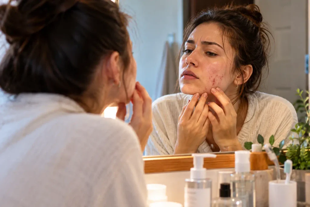 Woman examining acne and redness on her cheek in a bathroom mirror.