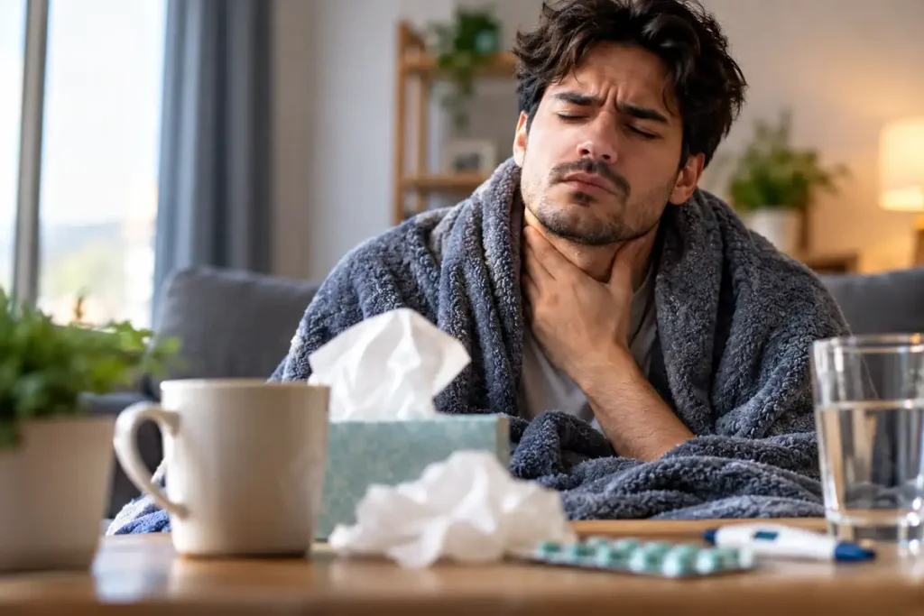 Man resting on a couch with a sore throat, wrapped in a blanket with tea, tissues, and a glass of water nearby.