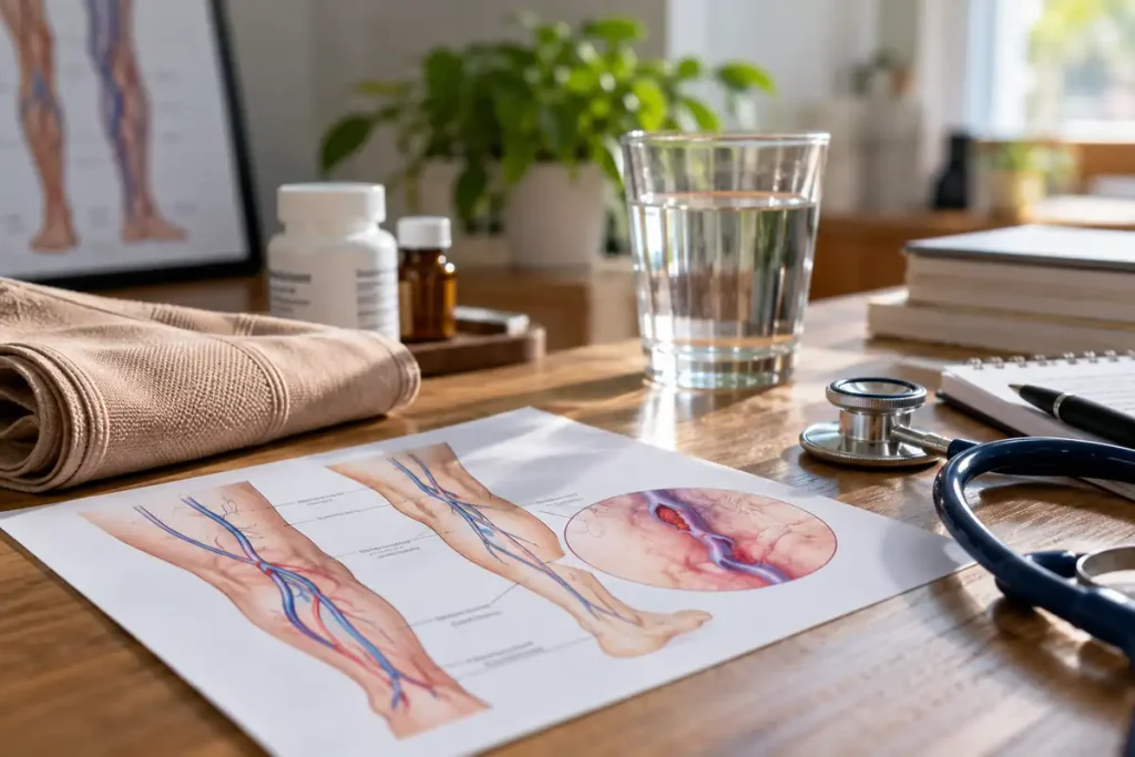 A natural home-clinic setting with a vascular health diagram, stethoscope, glass of water, medication bottles, and folded compression fabric on a sunlit wooden table.