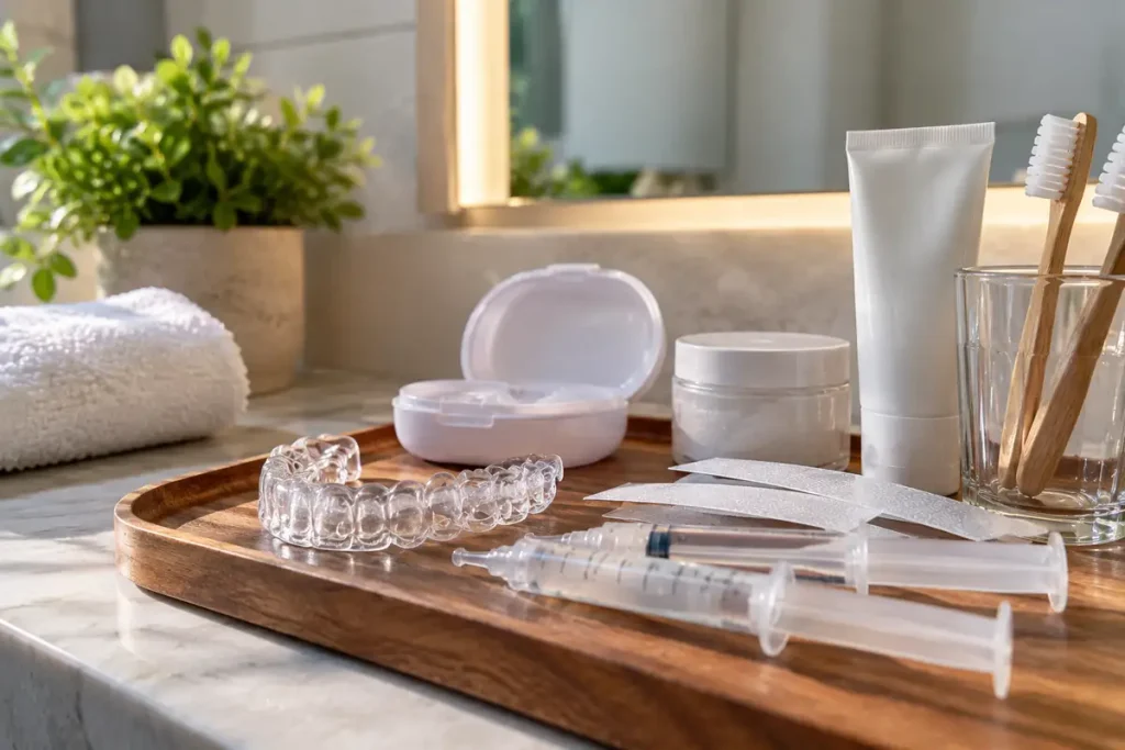 Teeth whitening products and dental care supplies arranged on a bathroom vanity.