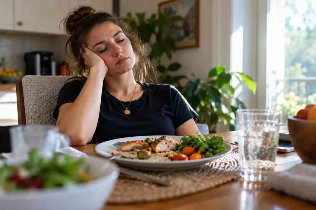 A tired woman resting her head on her hand at a dining table after eating a meal at home.