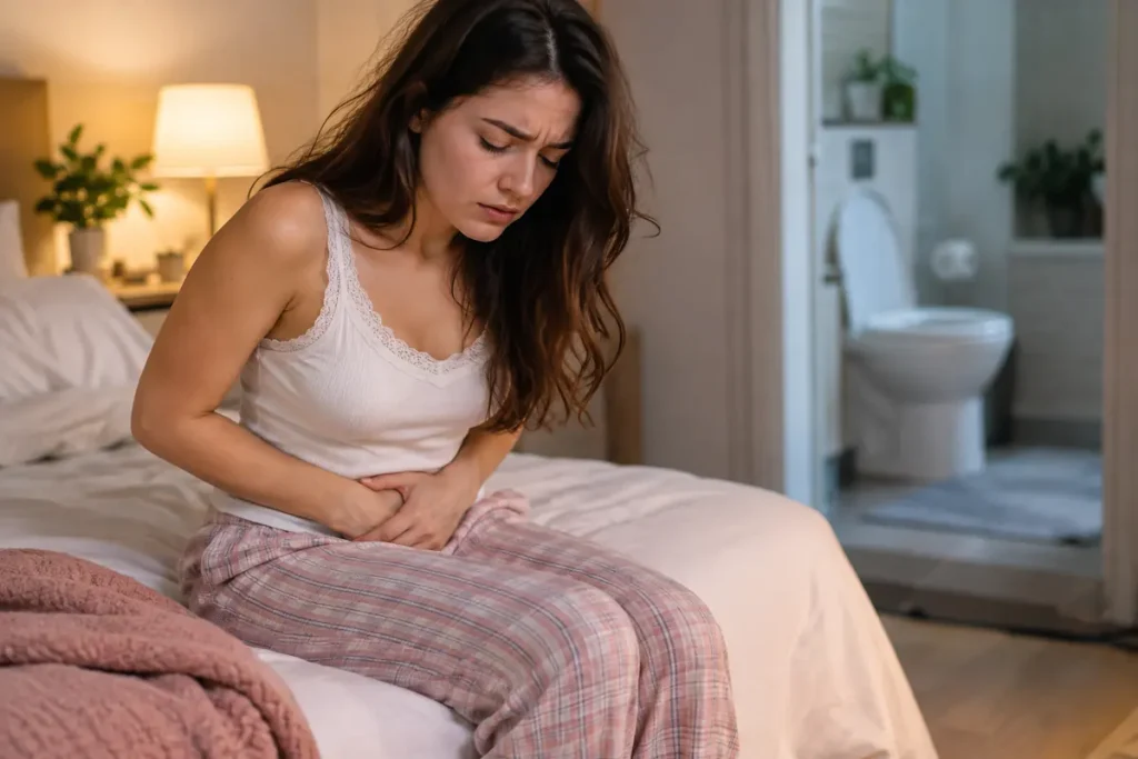 Woman experiencing lower abdominal discomfort while sitting on a bed at home near a bathroom.