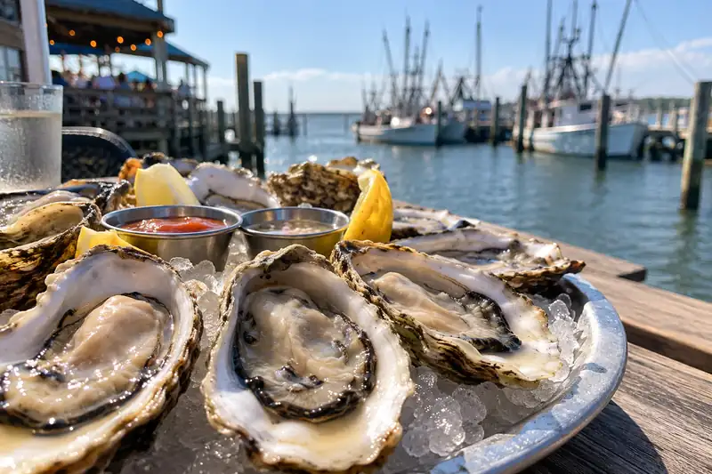 Oysters on ice at a coastal seafood restaurant with a marina in the background, representing Vibrio vulnificus exposure risks from raw seafood and seawater.
