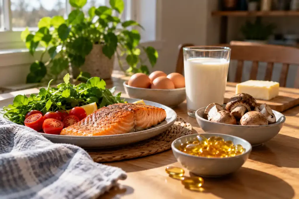 Vitamin D-rich foods including salmon, eggs, milk, mushrooms, leafy greens, and vitamin D supplements on a sunlit kitchen table.